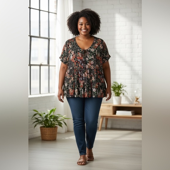 TORRID 00 0X XL Red Pink Floral Challis Empire Top R $46 - Picture 9 of 10